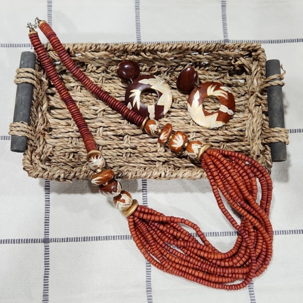 Beautiful Vintage Handpainted Wood Bead Necklace and Earring Set